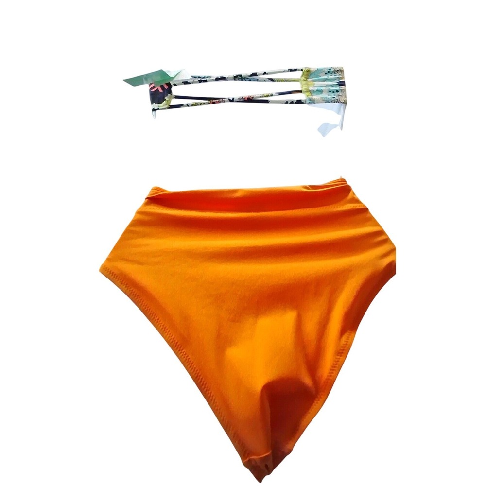 H&M NWT Boho Floral Bandeau Bikini Top & High Waisted Orange Bottoms Set